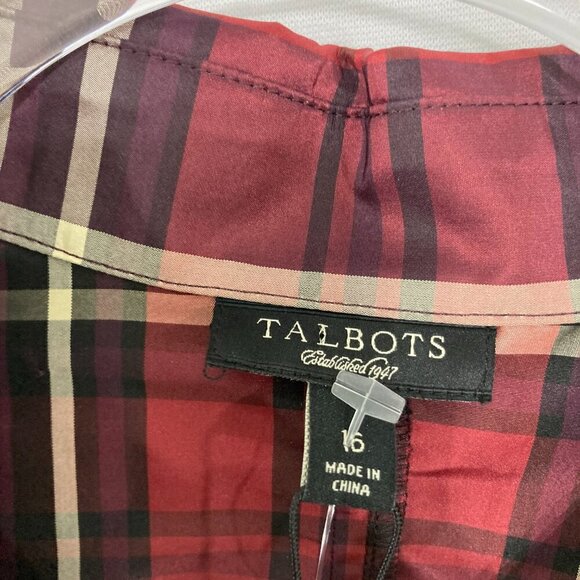 New Talbots size 16 Burgundy Plaid Faux Wrap Pure Silk Taffeta Office Blouse - Picture 3 of 12